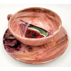 Peasant Village Pottery Hand Painted Cup & Saucer Watermelon Italy 09505 PV